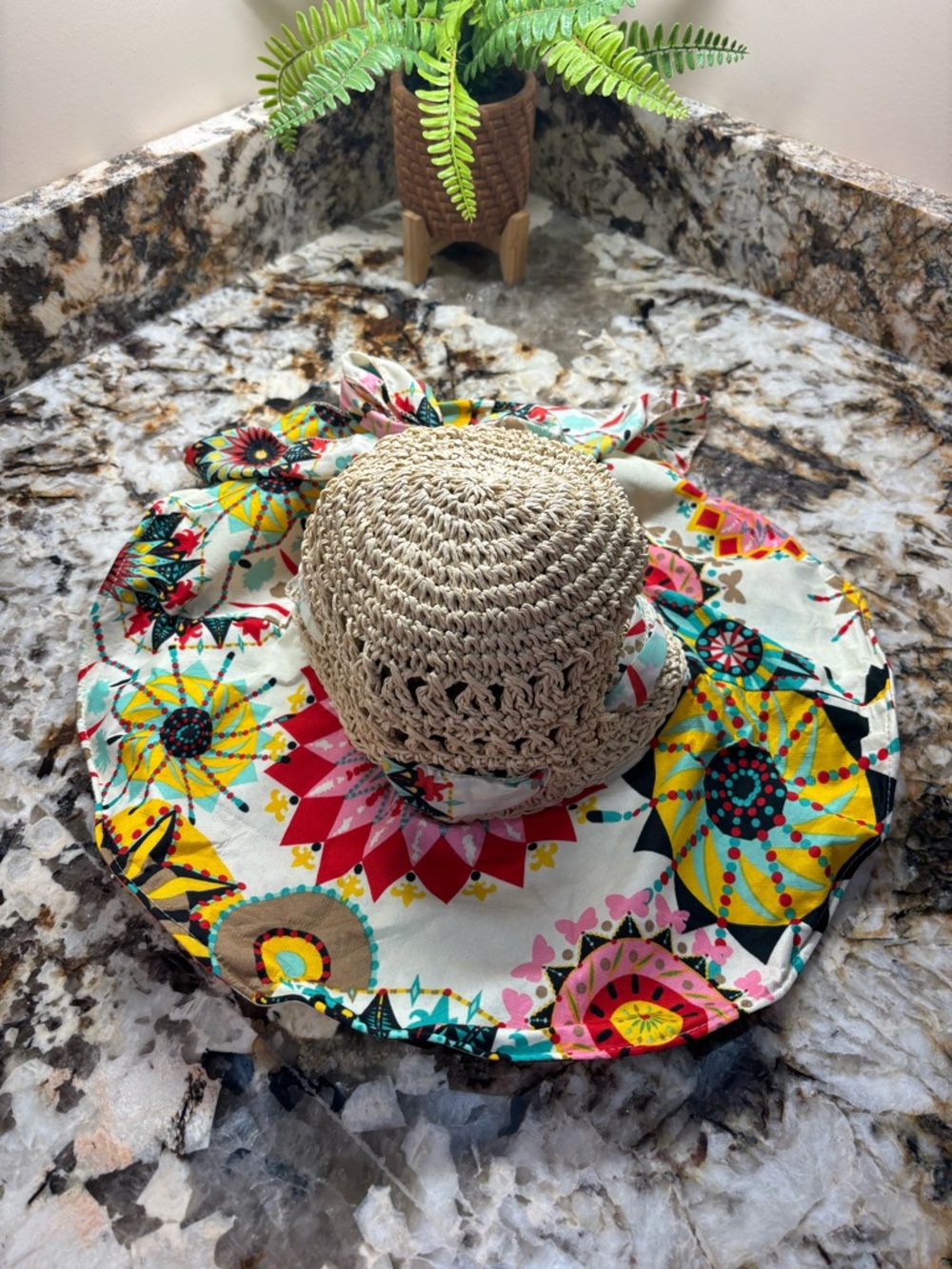 Floral Pattern Sun Hat with Beige Crochet Crown